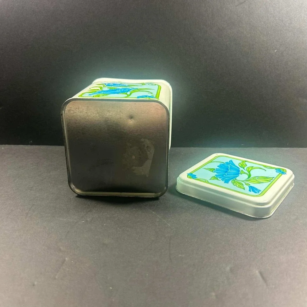 Floral Vintage Retro Tin White Blue Square Canister Small